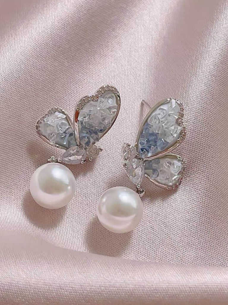 Light Blue Crystal Butterfly Pearl Earrings