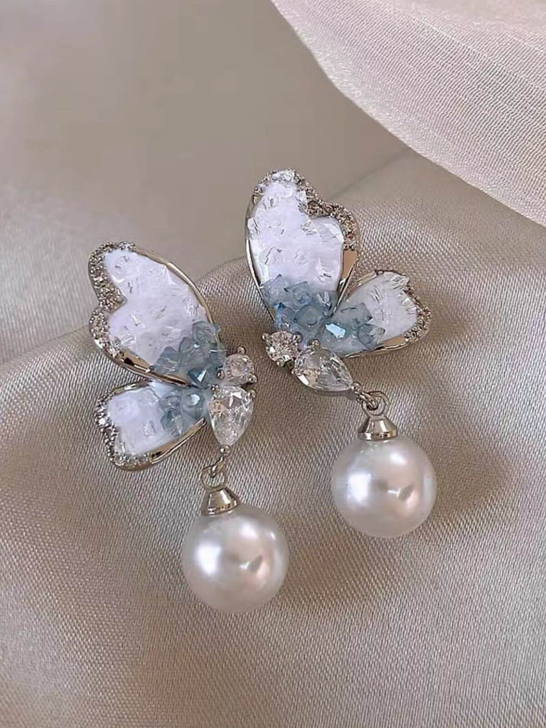 Light Blue Crystal Butterfly Pearl Earrings