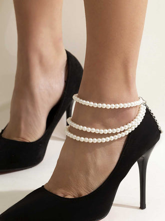 White Pearl Beaded Tassel Anklet