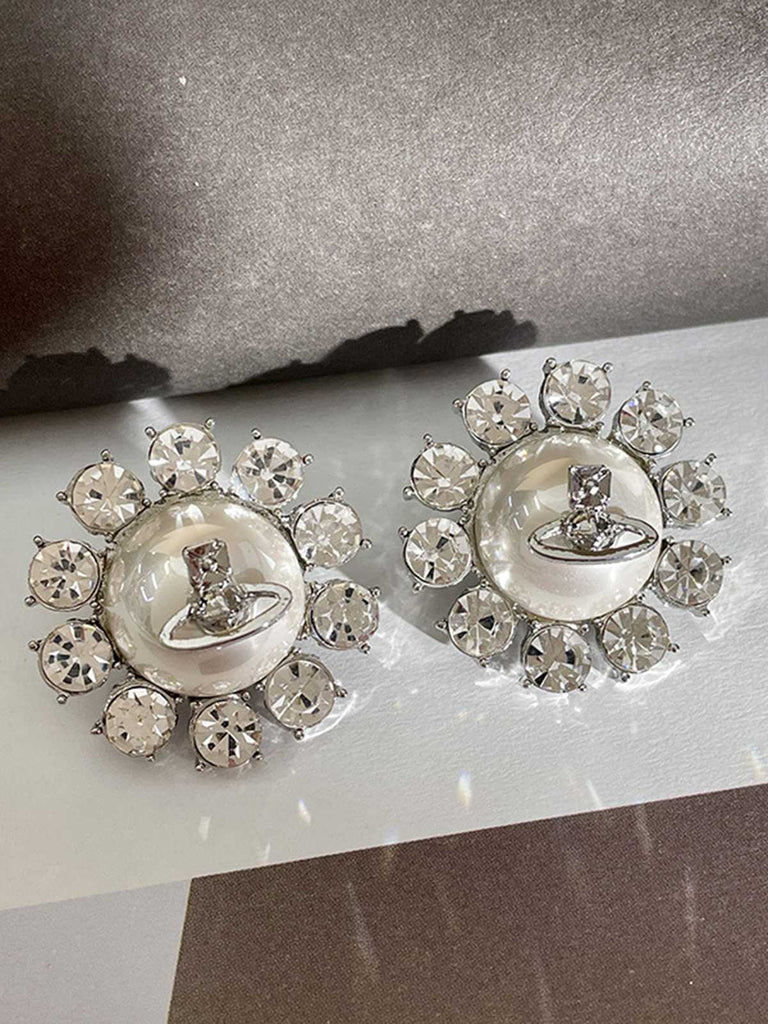 Silver Retro Pearl Diamond Earrings