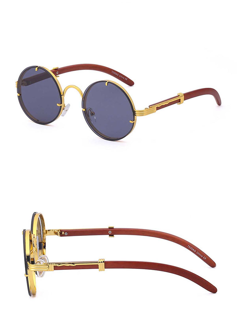 Retro Wood Grain Round Frame Sunglasses