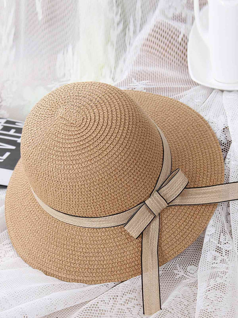 Vintage Straw Dome Bow Beach Sun Hat