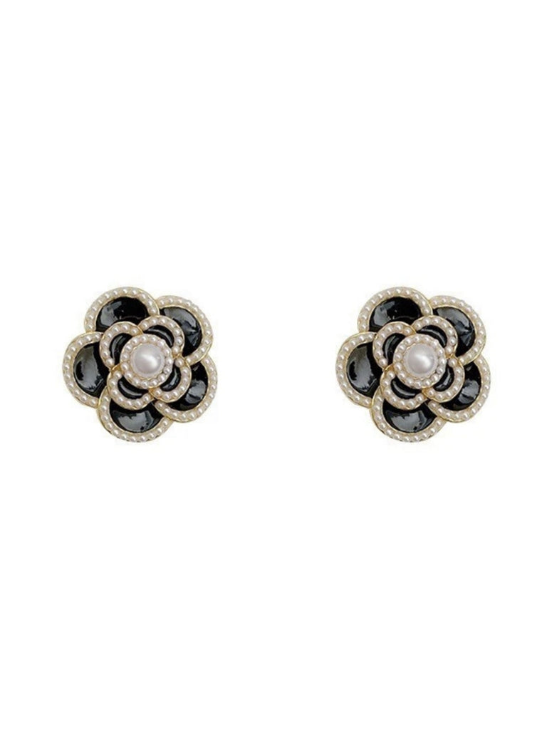 Black & White Pearl Camellia Stud Earrings