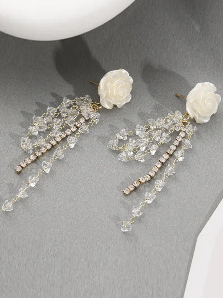 White Rose Rhinestone Tassel Earrings