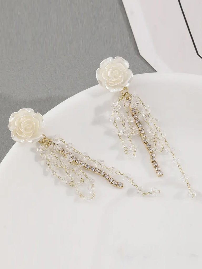 White Rose Rhinestone Tassel Earrings