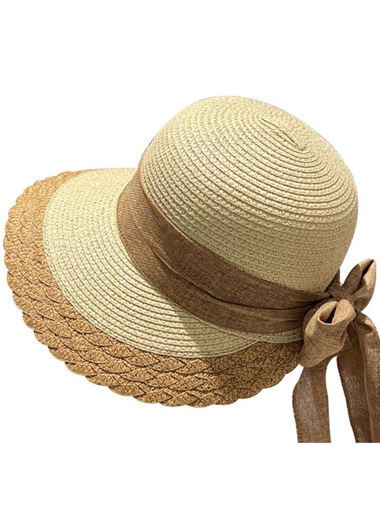 Retro Contrast Ribbon Straw Sun Hat