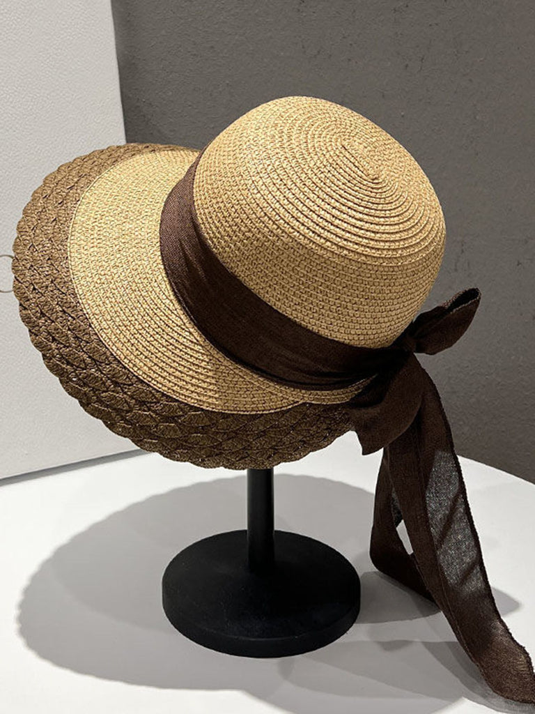 Retro Contrast Ribbon Straw Sun Hat