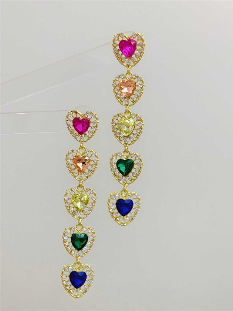 Colorful Heart Diamond Tassel Earrings