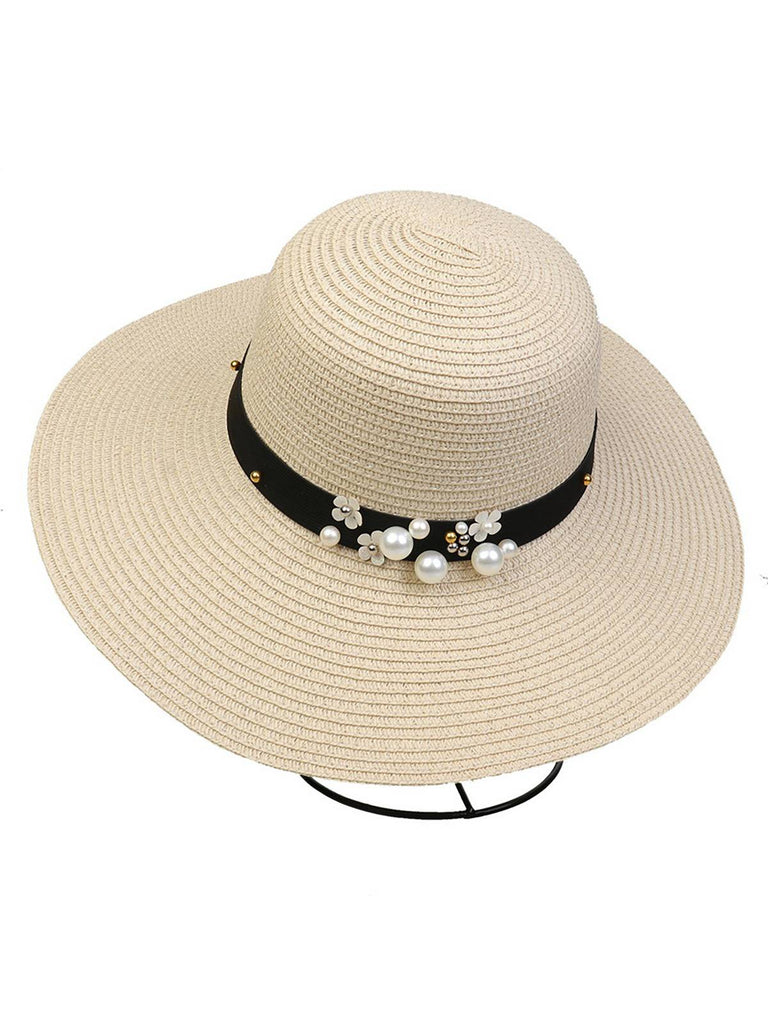 Vintage Wide Brim Foldable Sun Hat With Pearl