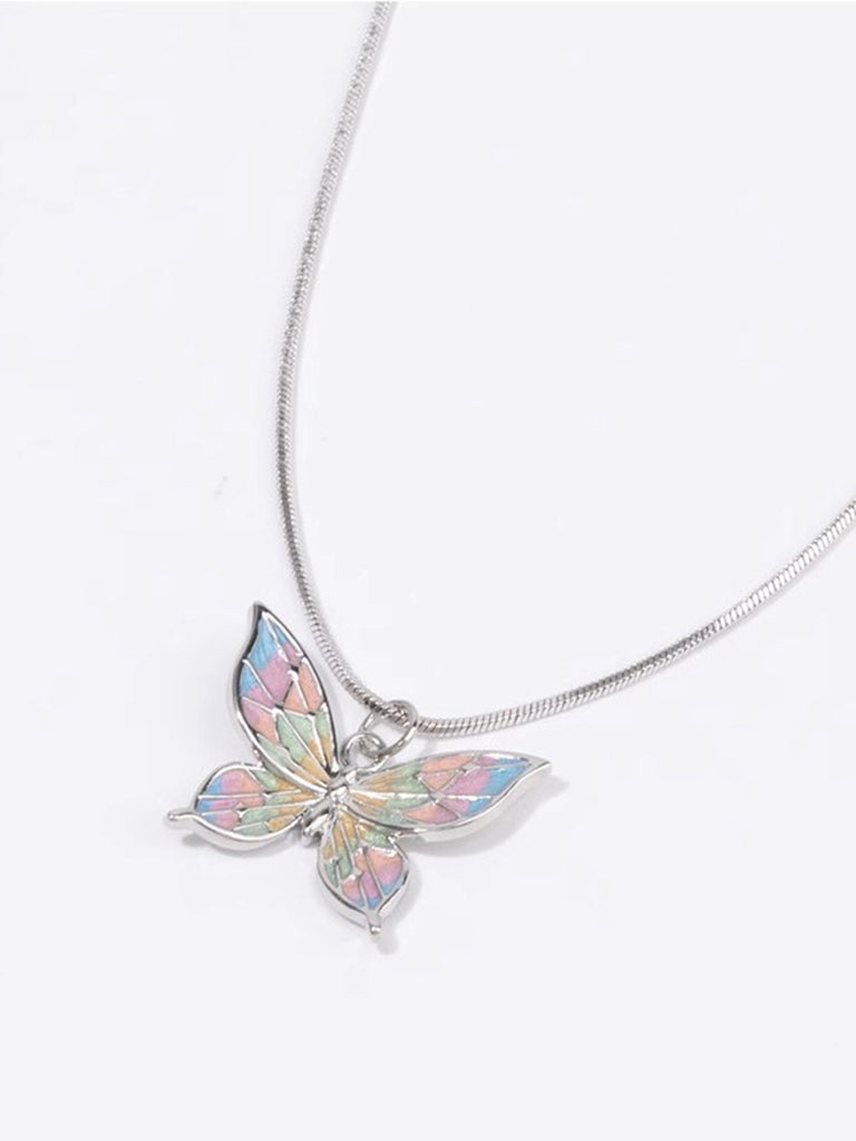 Silver Retro Colorful Butterfly Necklace