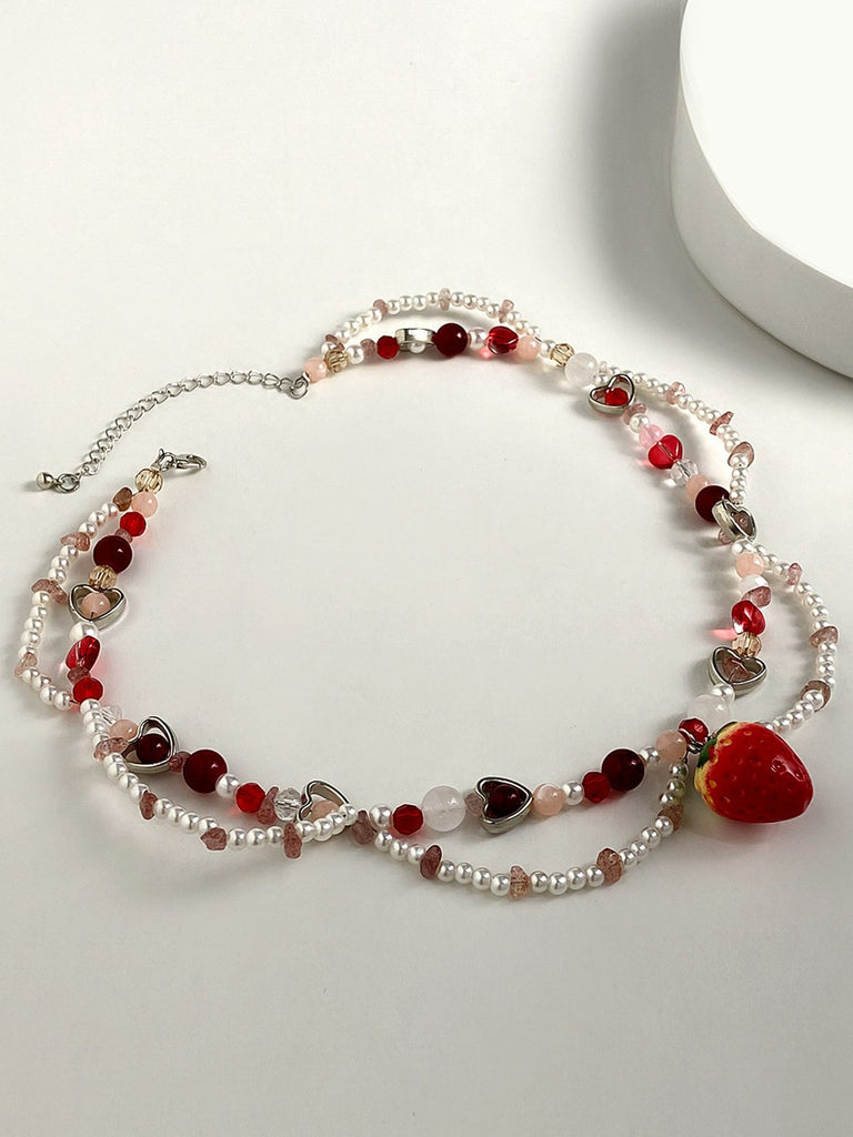 Strawberry & Heart Double Pearl Beads Necklace