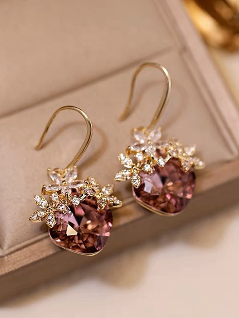 Gold Oval Rhinestones Flower Earrings