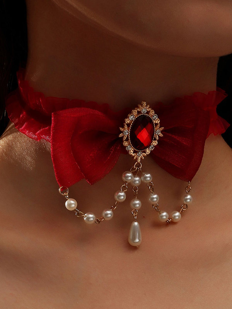 Vintage Bow Halloween Pearl Gemstone Necklace