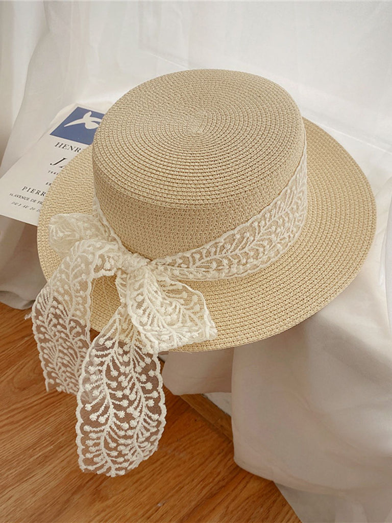 Light Khaki Vintage Ribbon Straw Sun Hat