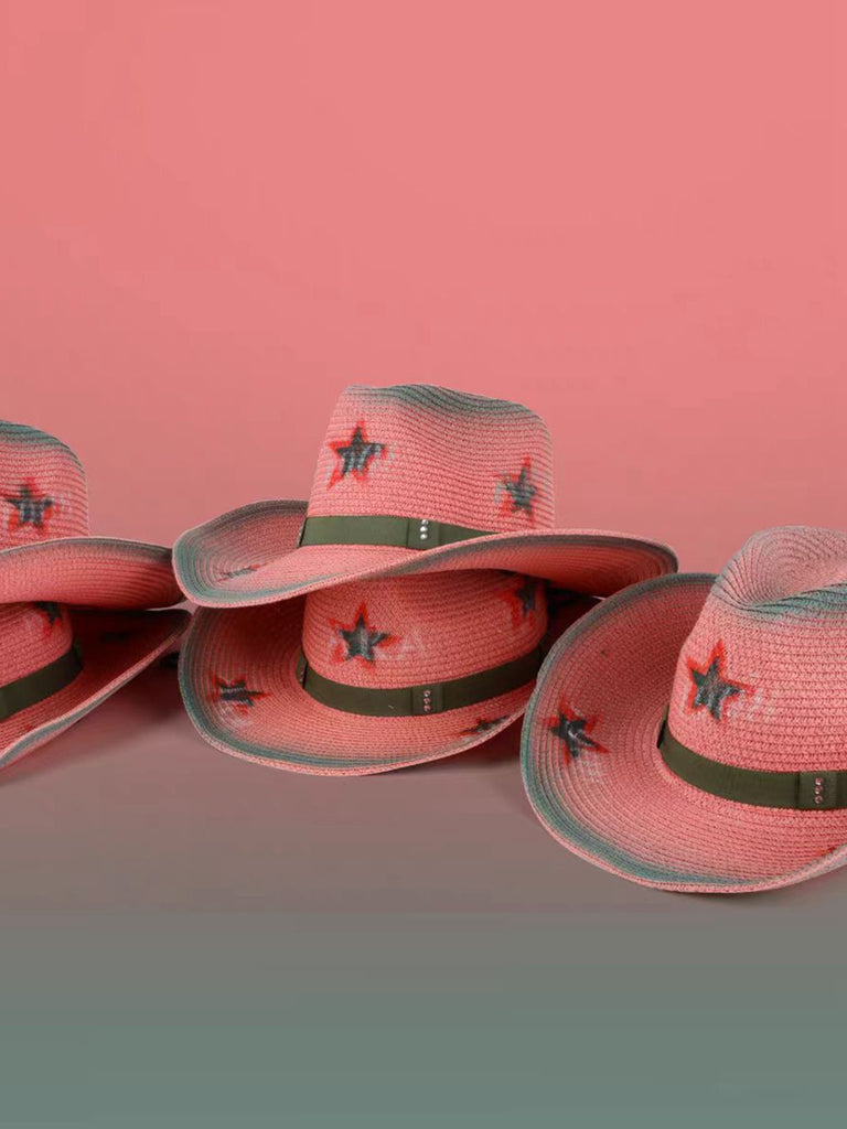Retro Pink Star Crochet Knot Cowboy Sun Hat