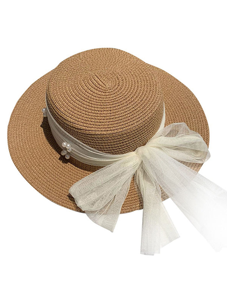 Vintage Pearl Sheer Ribbon Ruffia Hat