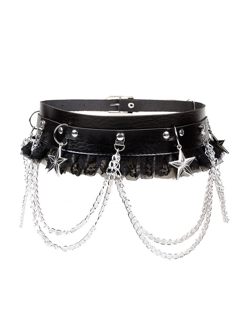 Black Leather Gothic Lace Belt with Chain