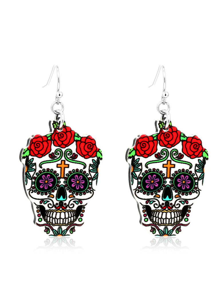 Black Halloween Skull Rose Earrings