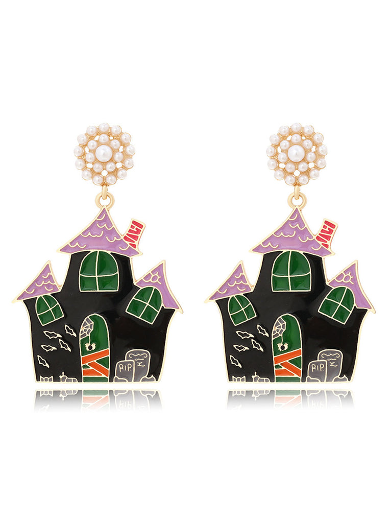 Black Halloween Cartoon Haunted House Earrings