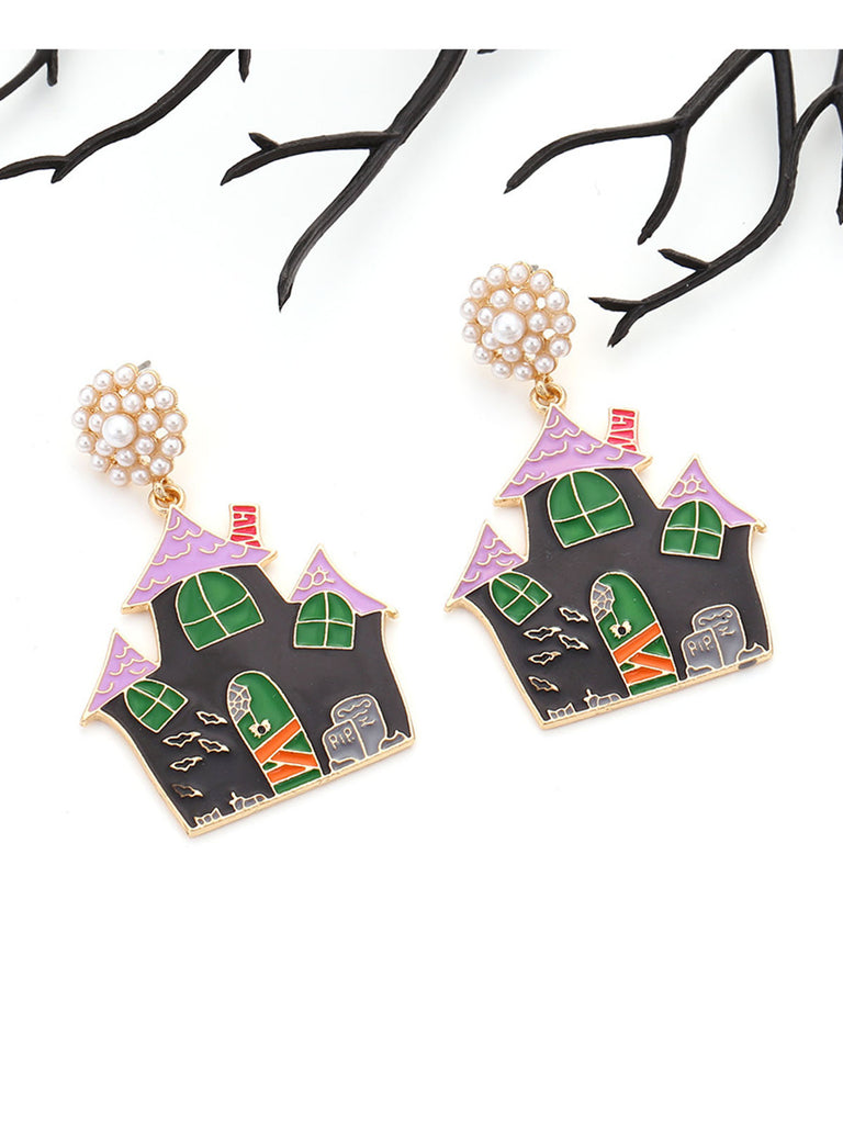 Black Halloween Cartoon Haunted House Earrings