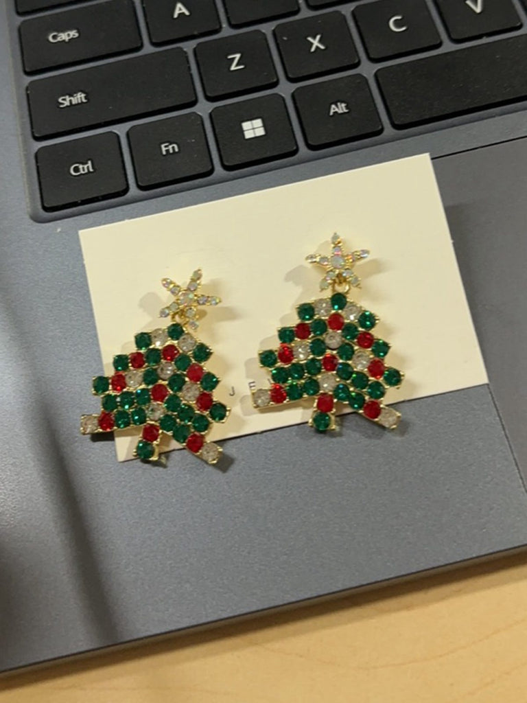 Green Christmas Tree & Star Rhinestones Earrings