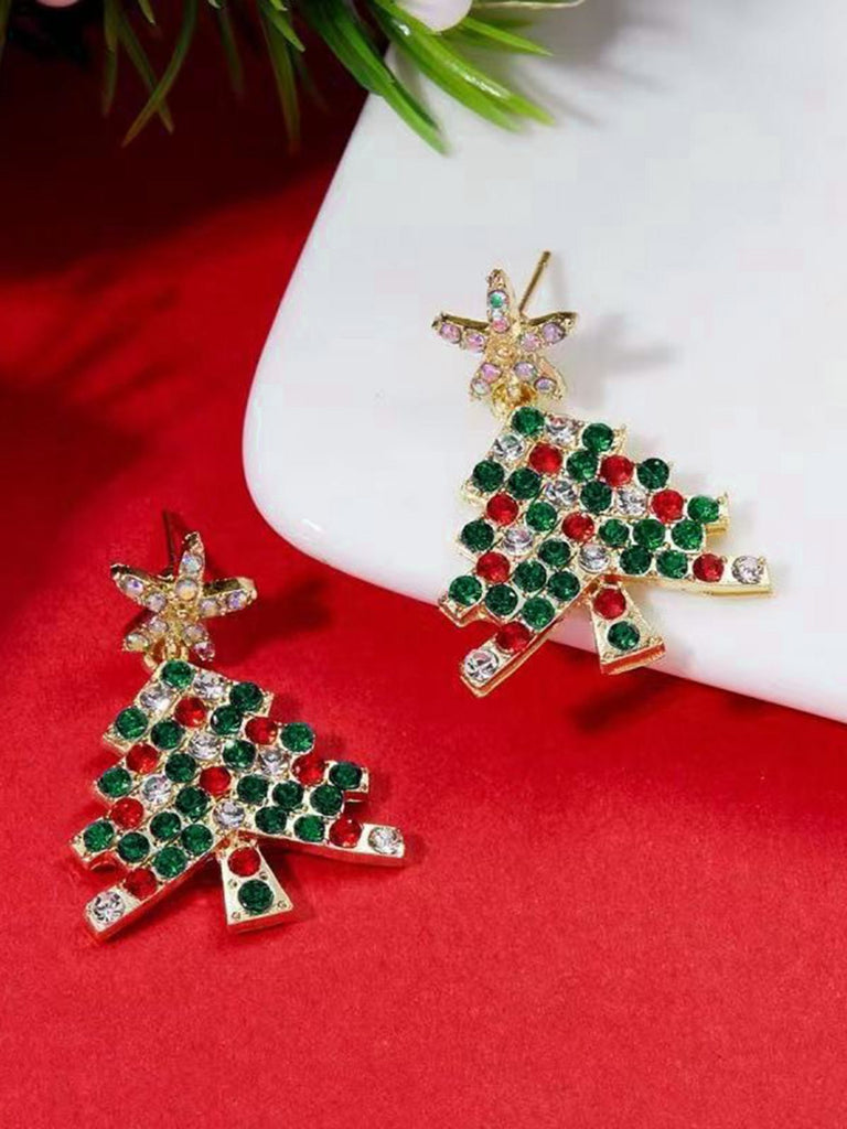 Green Christmas Tree & Star Rhinestones Earrings