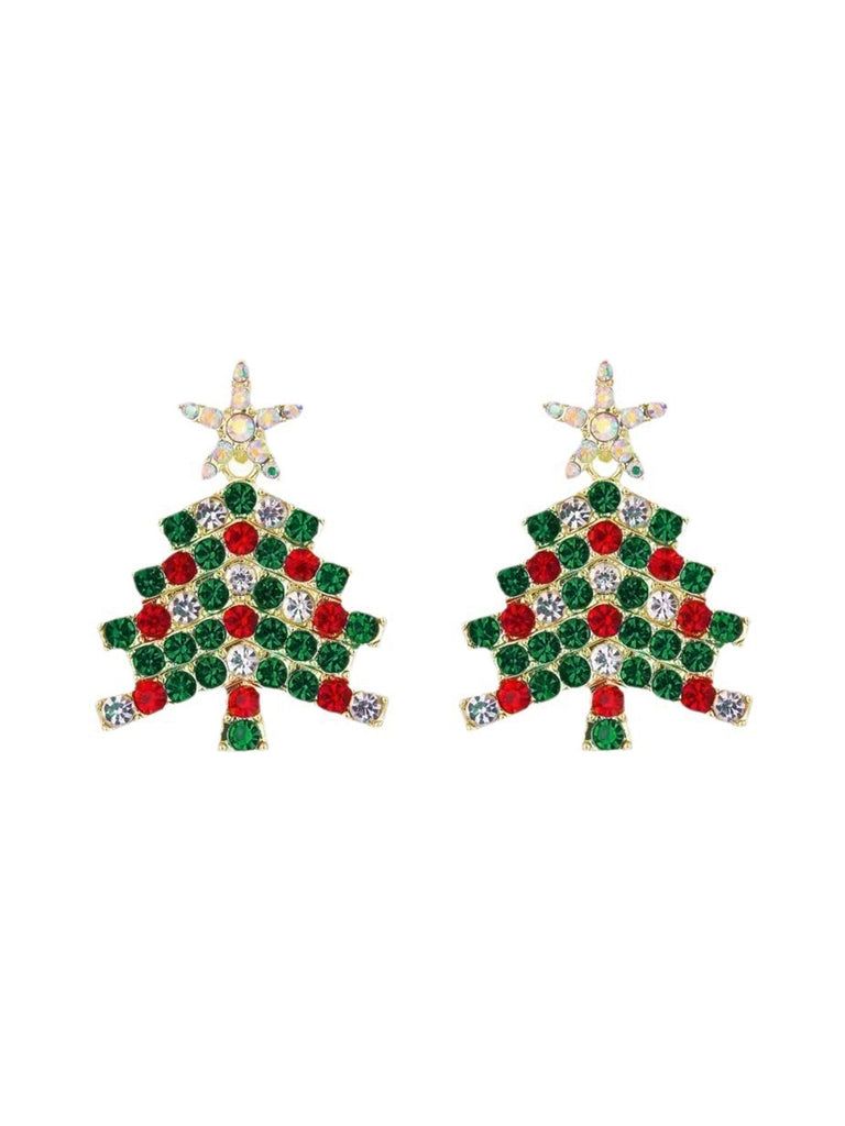 Green Christmas Tree & Star Rhinestones Earrings