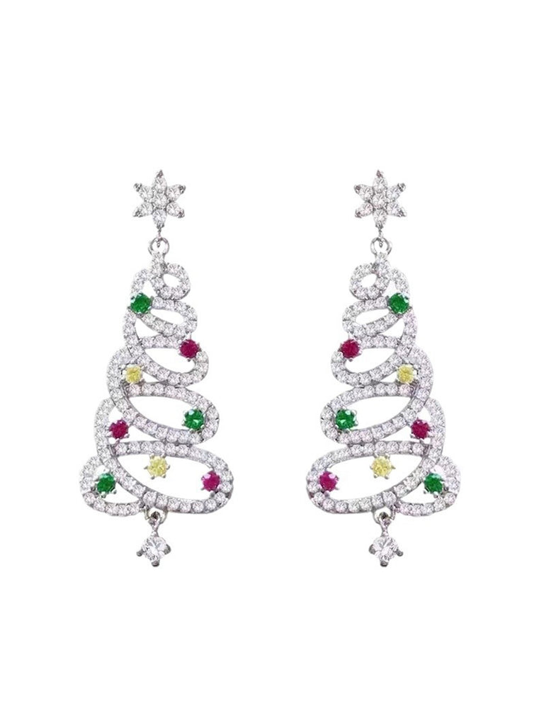 Silver Christmas Tree Colored Rhinestoned Earrings