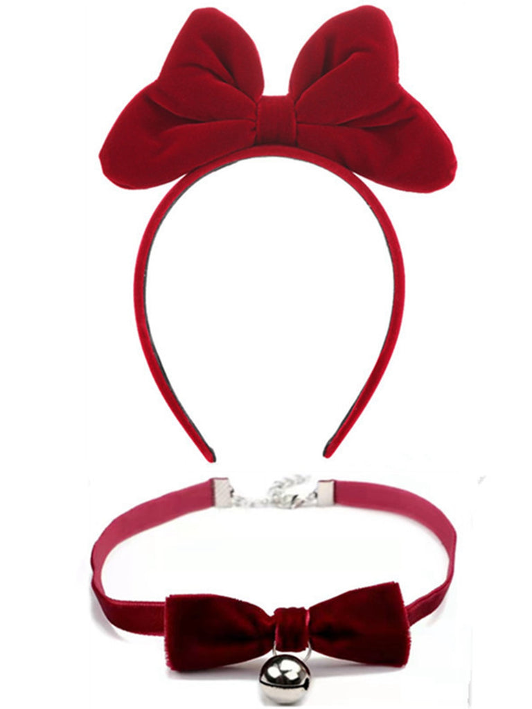 Christmas Velvet Bowknot Hairband With Choker Necklace