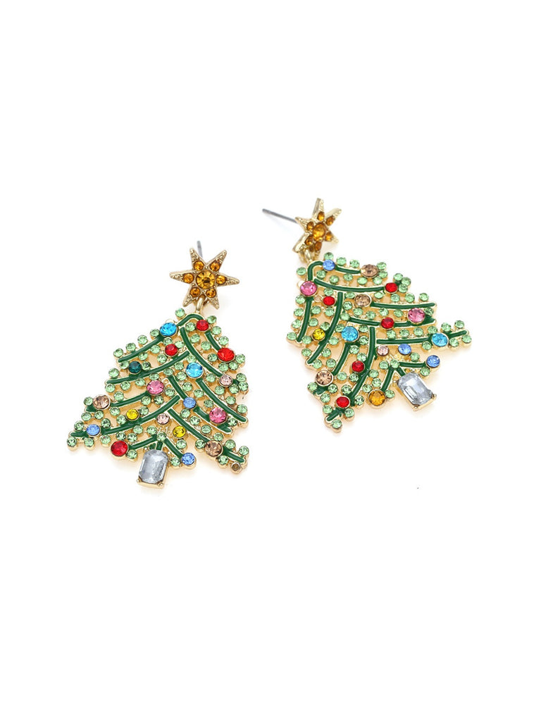 Green Christmas Tree Rhinestones Earrings