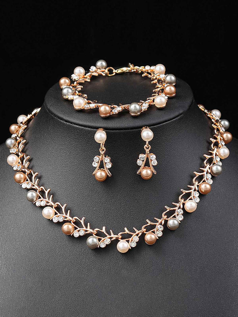 Pearl Rhinestones Vine Shape Necklace & Bracelet & Earrings Set