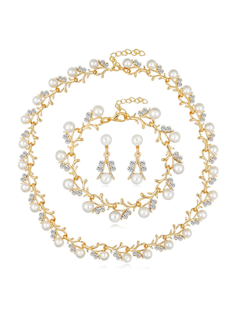 Pearl Rhinestones Vine Shape Necklace & Bracelet & Earrings Set