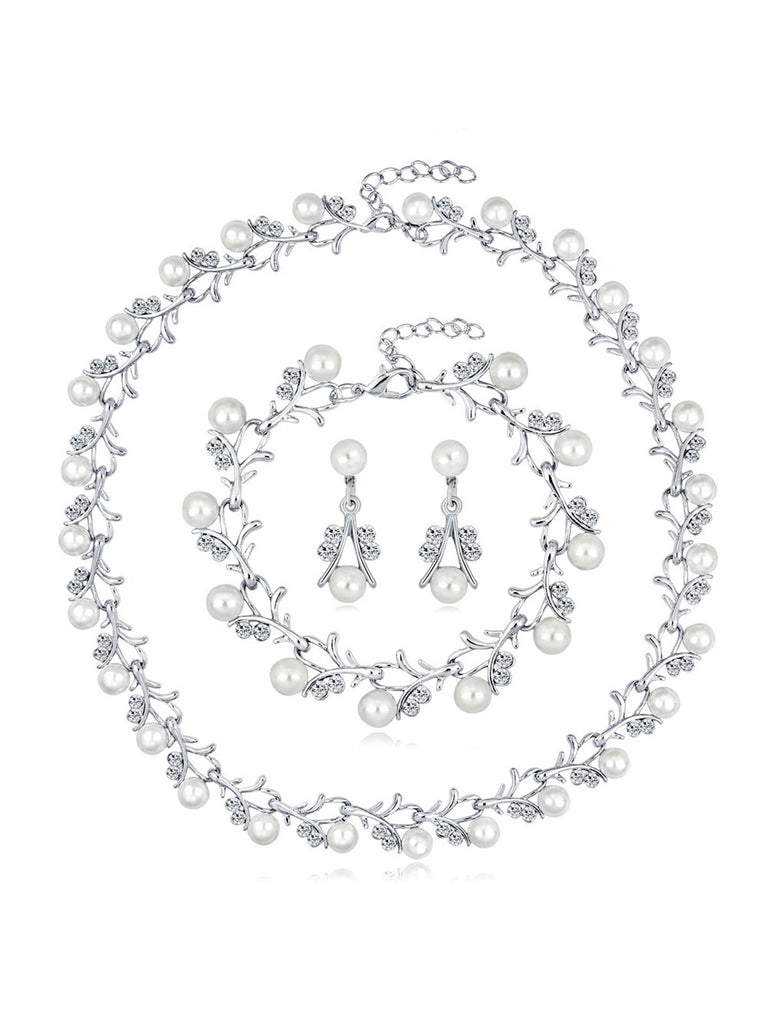 Pearl Rhinestones Vine Shape Necklace & Bracelet & Earrings Set