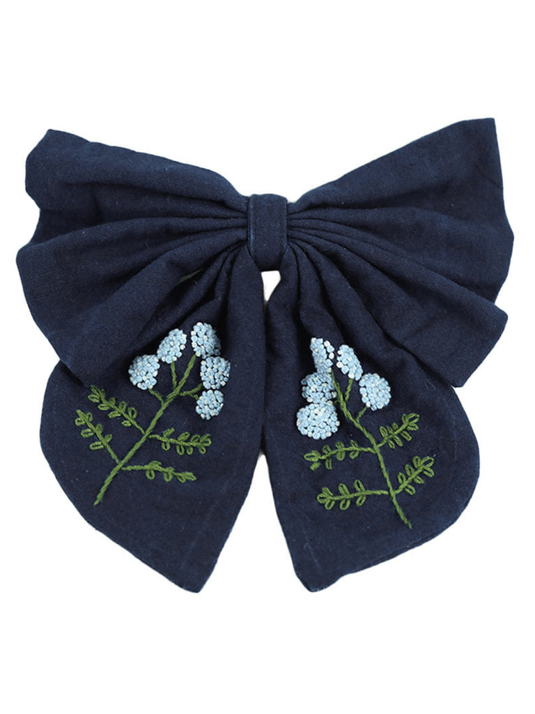 Blue Cotton Indigo Dyed Hand-Embroidered Bow Hairpin