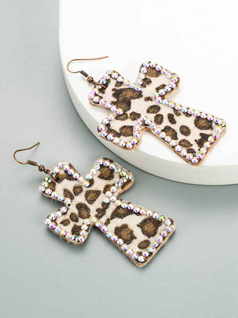 Leopard Rhinestones Cross Pendant Earrings