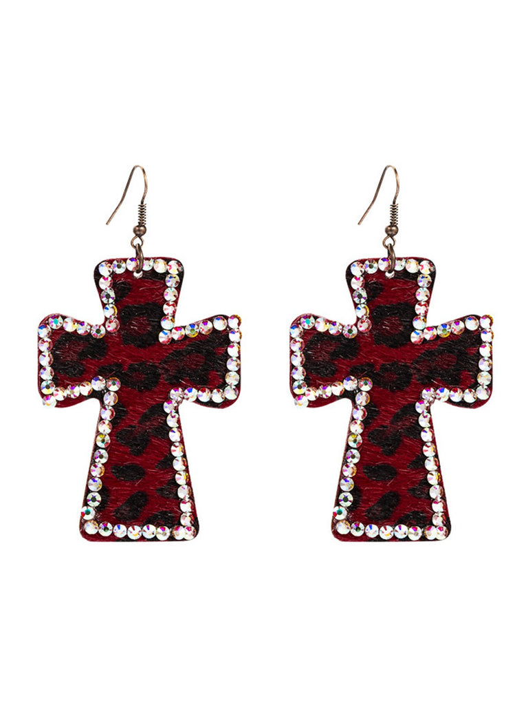 Leopard Rhinestones Cross Pendant Earrings