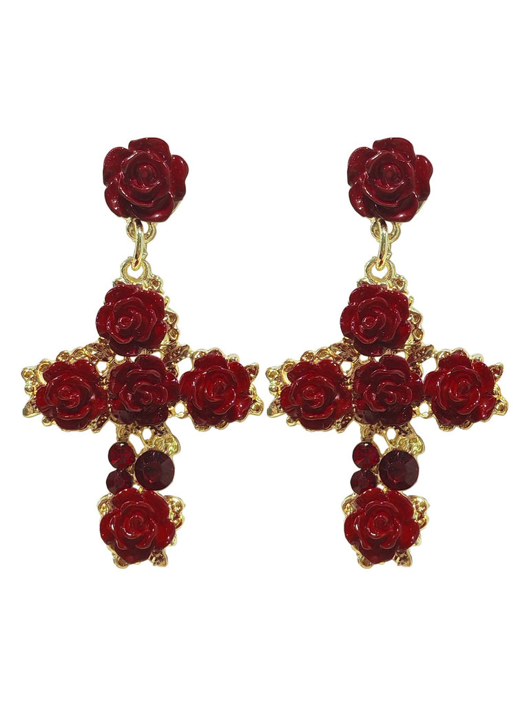 Red 3D Rose Crystal Cross Earrings