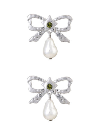 Silver Bow Star Pearl Drop Earrings