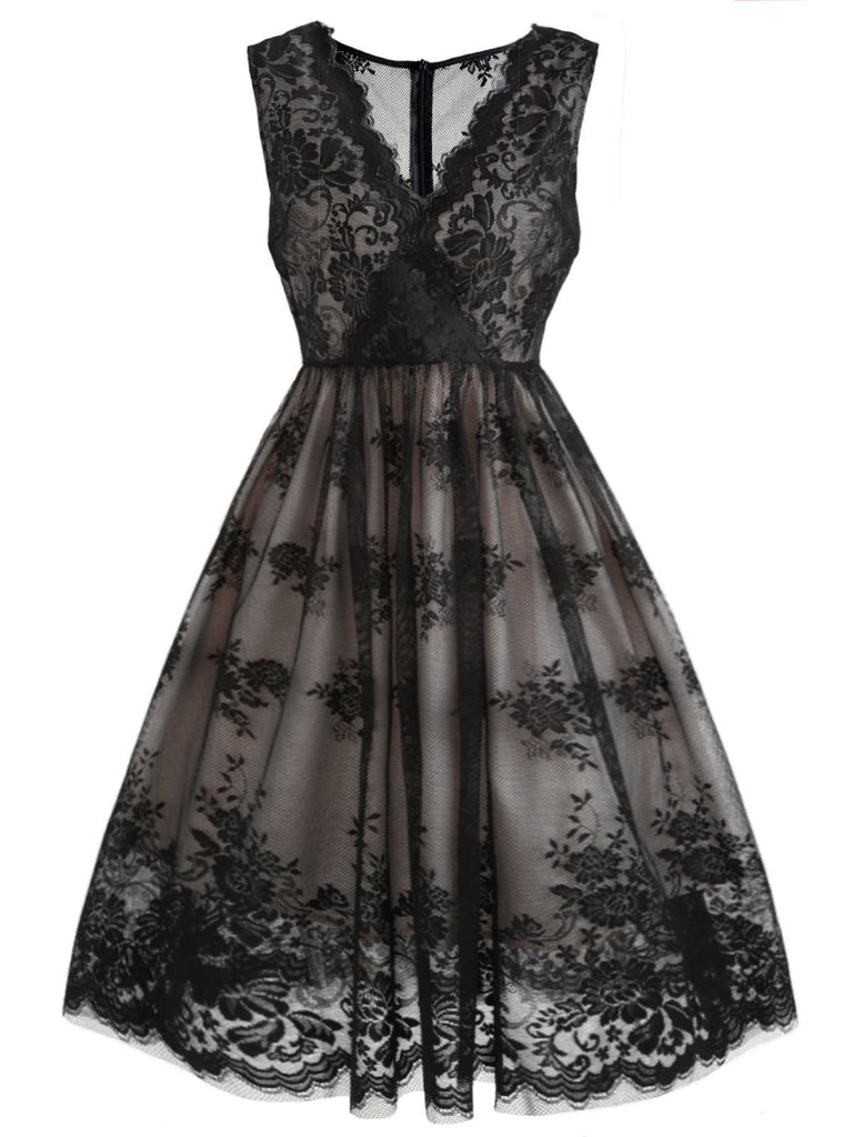 Black 1950s Lace Floral Swing Dress