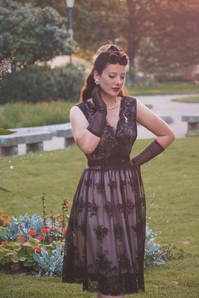 Black 1950s Lace Floral Swing Dress