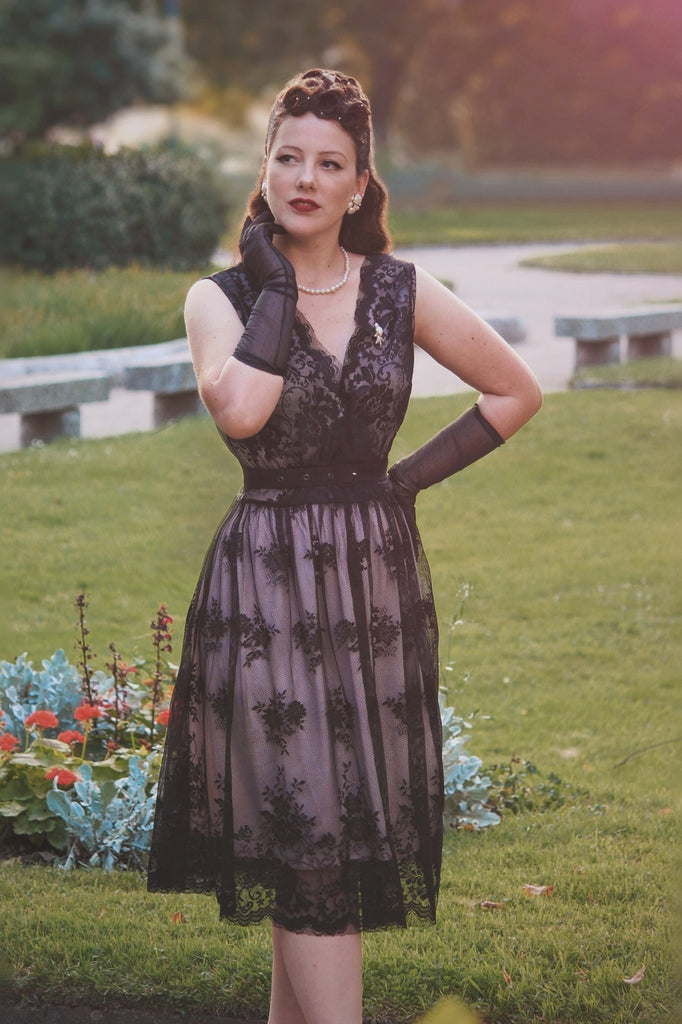 Black 1950s Lace Floral Swing Dress