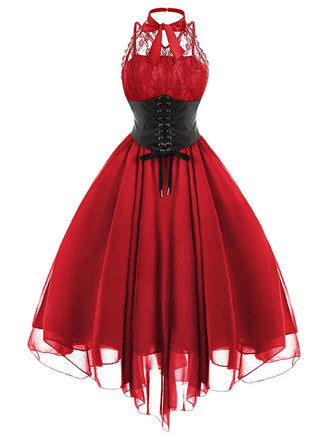 True Red Halloween Gothic Steampunk Lace Dress, vintage dress, retro fashion, lace detail - perfect for women who love vintage and retro fashion