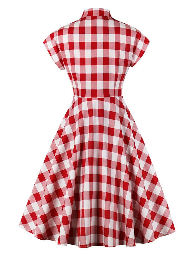 Red White 1950s Pockets Plaid Dress