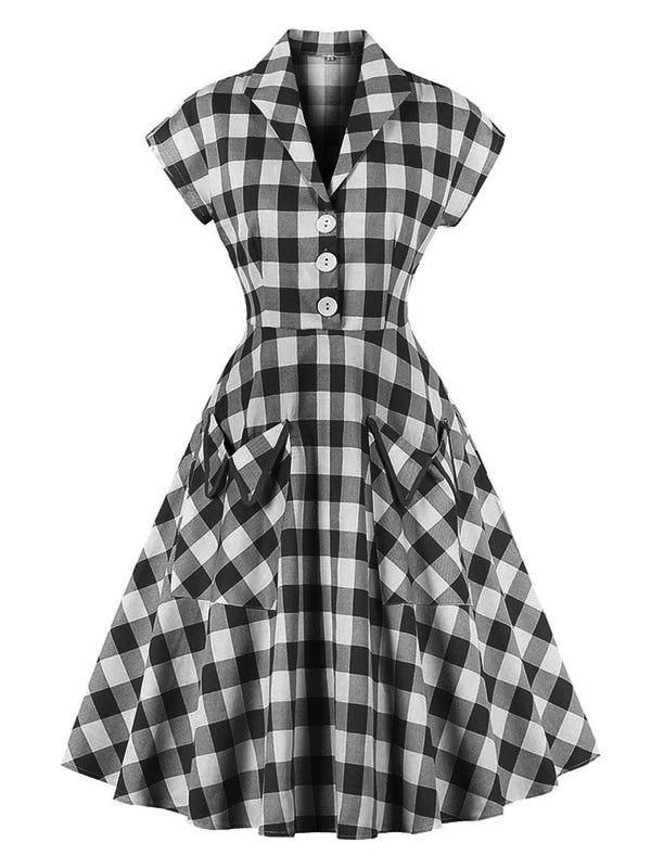[Pre-Sale] Black White 1950s Pockets Plaid Dress