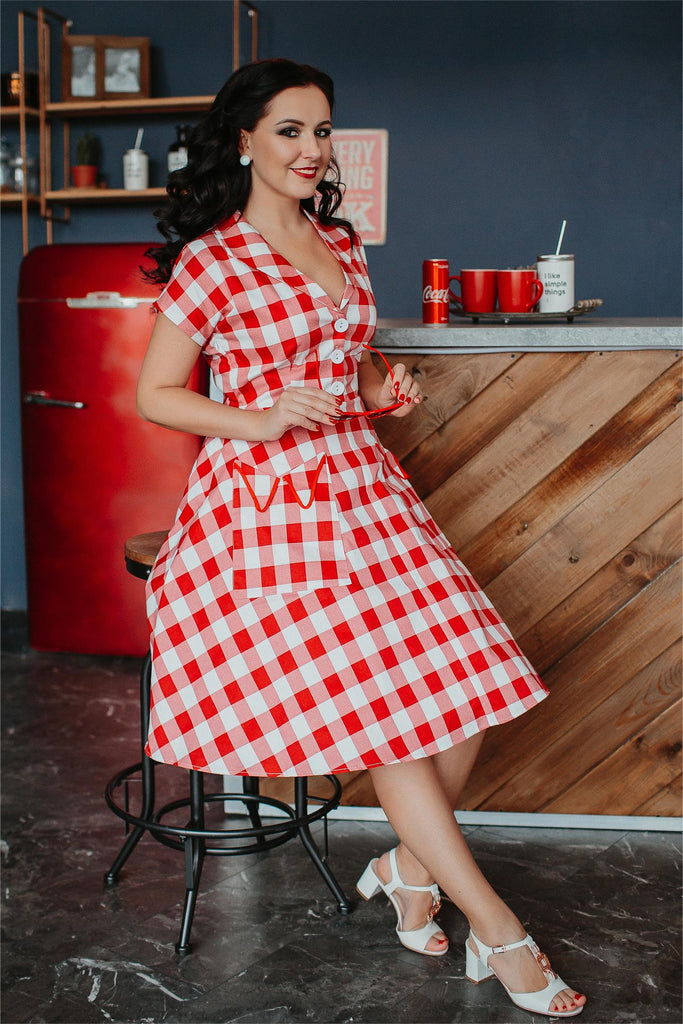 Red 1950s Pockets Plaid Dress