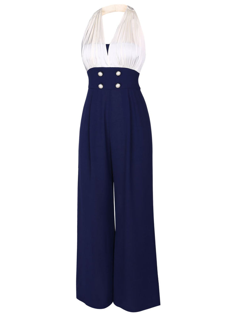 Blue 1930s Halter Patchwork Jumpsuit