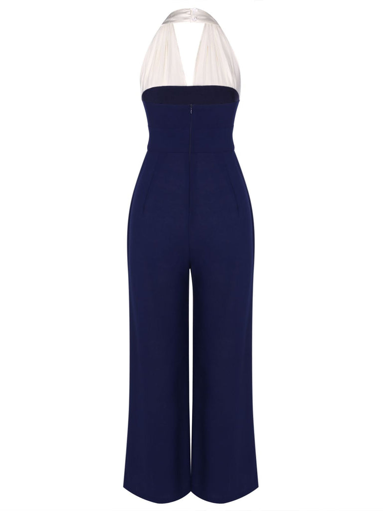 Blue 1930s Halter Patchwork Jumpsuit