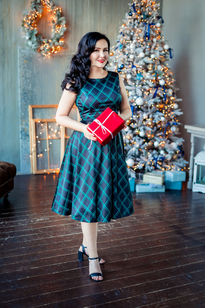 Green 1950s Plaid Belted Swing Dress