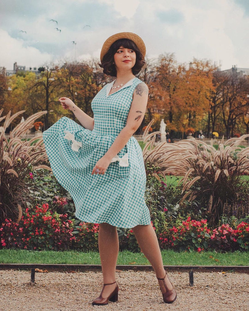 1950s Plaid Bow Pockets Lapel Dress