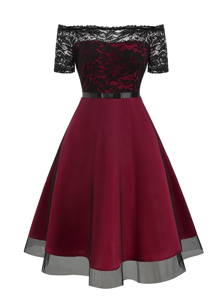 1950s Lace Off Shoulder Swing Dress